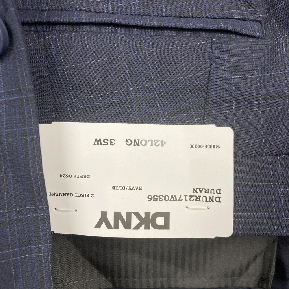 DKNY Mens Modern‎ fit 2-pc Suit Jacket 40L Navy Blue Solid Plaid Pants 35W 33L